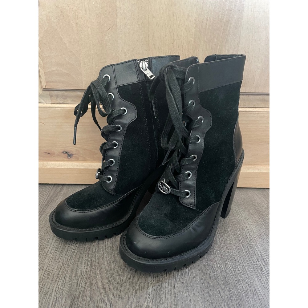 Coach Black Leather Suede Lace Up Block Heel Combat Boots Womens 5B